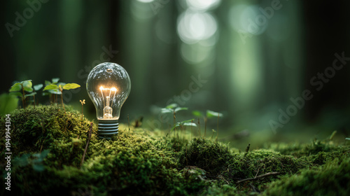 Glowing light bulb placed on moss in forest symbolizing green energy concept, renewable energy technology. sustainable electricity production, clean energy future, environmental protection