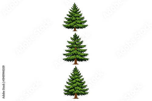 A set of three detailed green evergreen trees stacked vertically on a
