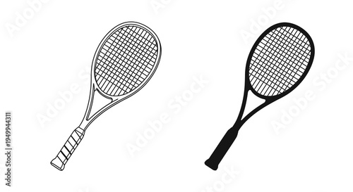 Two black and white line drawings depict tennis rackets showcasing their stringed heads and elongated handles high quality professional