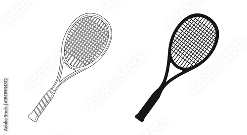 Two tennis rackets are depicted in a black and white line drawing showcasing different perspectives and detailing high quality professional detailed