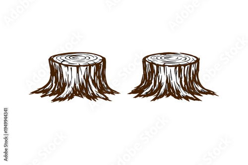 A pair of vintage-style hand-drawn tree stumps with detailed bark