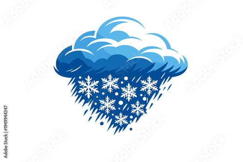 Stylized blue cloud graphic featuring white snowflakes and falling