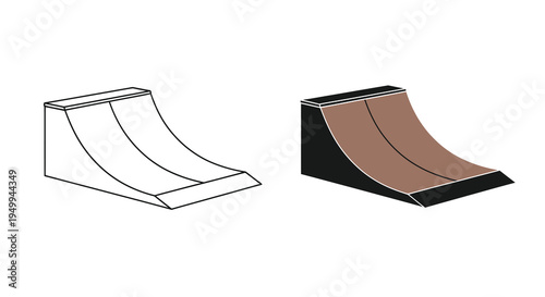 A simple illustration depicts a skate ramp in two variations a line drawing and a shaded colored version