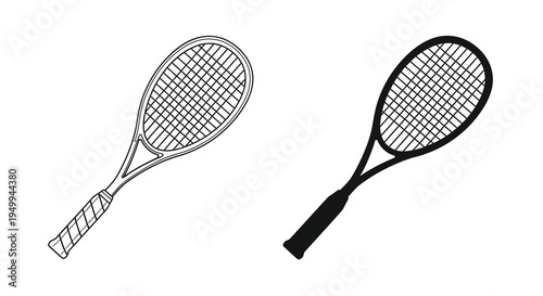 A simple black and white illustration depicts two tennis rackets one with shading and one outlined against a white background