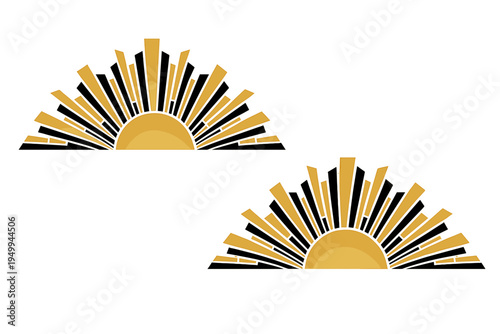 A set of two Art Deco sunburst motifs featuring a golden semi-circle