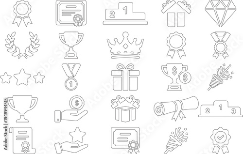 Award achievement line icon set trophy medal certificate crown prize reward winner celebration outline vector icon collection