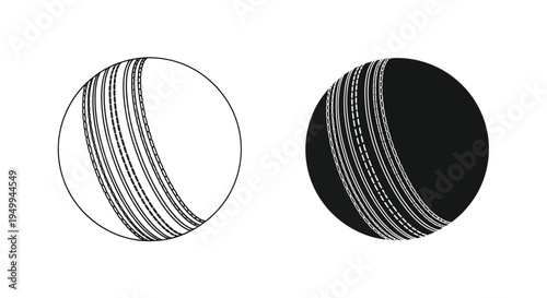 A minimalist black and white illustration depicts two cricket balls one light and one dark showcasing their stitched seams high quality