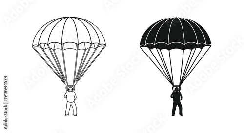 A detailed illustration depicts two parachutes one white and one black with a skydiver suspended beneath each canopy
