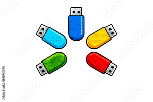 A vector illustration featuring five colorful USB flash drives in