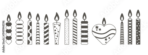 Set of festive burning candles, black silhouette. Clip art icons with different patterns and shapes. Vector elements