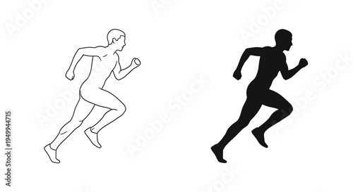 A minimalist graphic depicts two running figures one in white outline and the other as a solid black silhouette