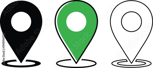 Three location pin black green and outline on white background map marker navigation destination