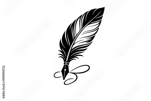 A black and white vector illustration of a quill pen with a fountain