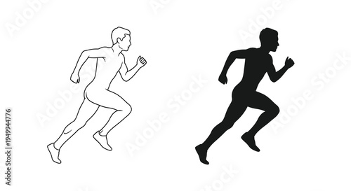 A stark depiction showcases two silhouettes of a man in mid run one outlined and one solid black emphasizing movement and form
