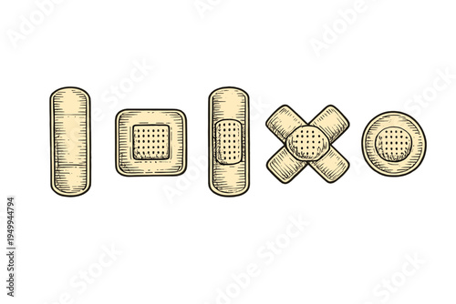 A collection of vintage hand-drawn adhesive bandages in various