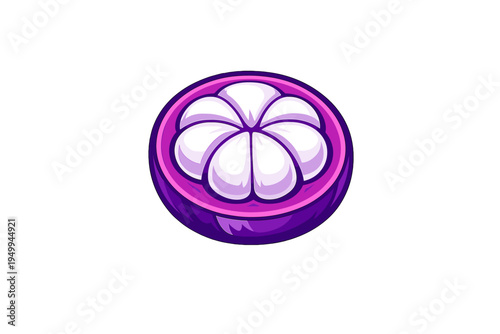 Stylized vector illustration of a halved mangosteen fruit, featuring