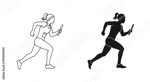 A pair of minimalist black and white line drawings depict a female athlete sprinting while holding a baton high quality professional