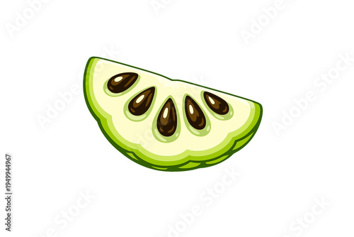 A stylized vector illustration of a custard apple slice, featuring a