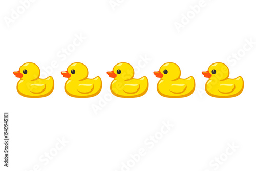 Five identical yellow rubber ducks arranged in a horizontal row