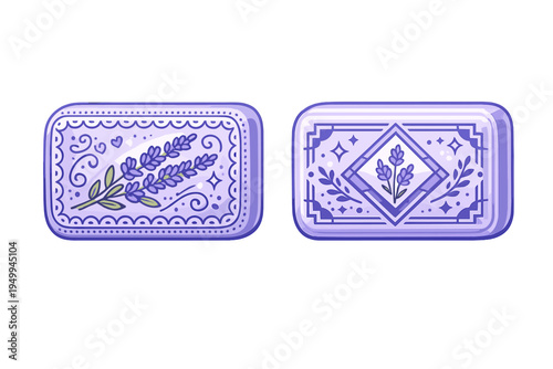 Two bars of purple lavender soap with intricate floral and geometric