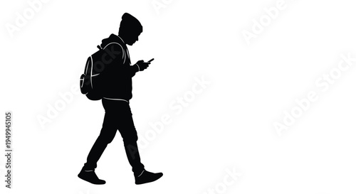 Young man walking and using a smartphone dark outline silhouette