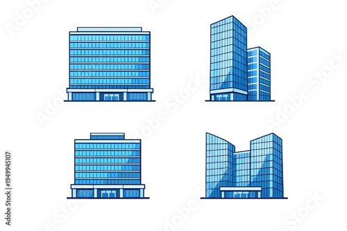 Four modern office building icons in a flat vector style, featuring