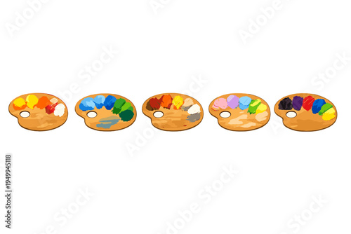 Set of five wooden artist palettes arranged in a row, each featuring