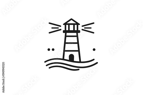 A minimalist black and white line art illustration of a lighthouse