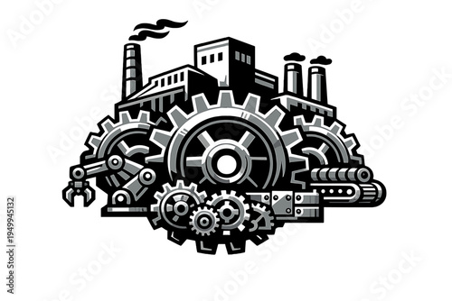 A stylized vector illustration of an industrial factory complex