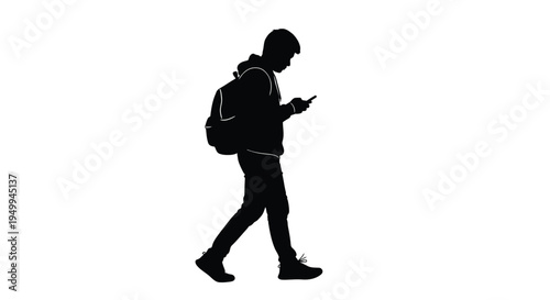 A young man walking and using a smartphone black silhouette