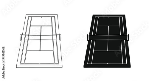 A minimalist depiction showcases two overhead views of a standard rectangular tennis court one light and one dark