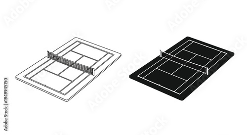 An isometric and top down view illustration of a tennis court complete with a net dividing the playing surface