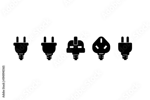 A collection of five black silhouette icons representing various
