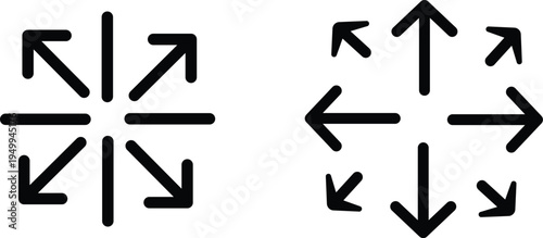 Two sets of black arrows pointing in multiple directions on white background movement expansion