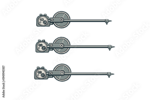 A set of three identical mechanical gear-driven tools or measuring