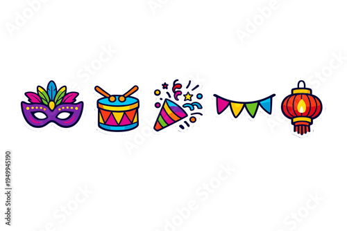 A set of colorful festive stickers featuring a masquerade mask, a