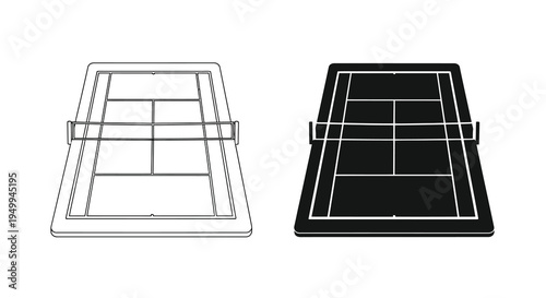 A graphic depiction showcases two overhead views of a tennis court presented in contrasting black and white styles high quality professional