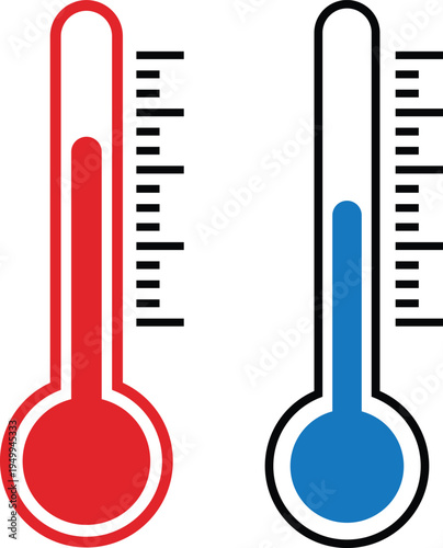 Two thermometers one red showing temperature one blue showing low temperature