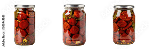 Set of sun-dried tomatoes in glass jars with olive oil and herbs isolated on transparent png background oil paint
