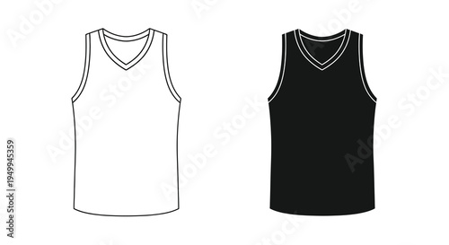 A minimalist presentation of two sleeveless v neck basketball jerseys one white and one black on a plain background