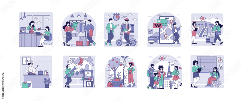 Fototapeta premium Daily Life and Activities Vector Illustration Set