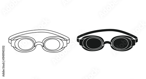 A graphic depiction showcases two pairs of swimming goggles one light and one dark in a simple outline style