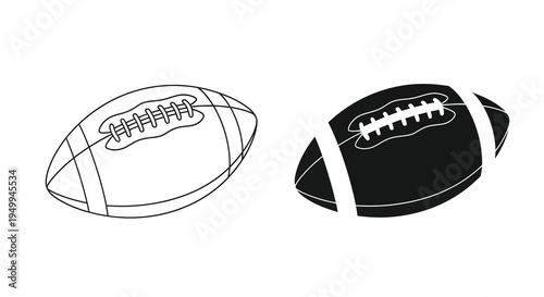 A black and white illustration depicts two american footballs one outlined and one filled showcasing the sport s iconic shape