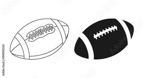 A simple black and white illustration depicts two american footballs one outlined and one solid showcasing the sport s iconic shape