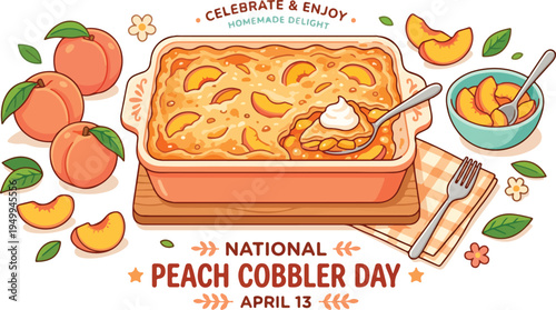 Peach Cobbler Dessert in Baking Dish.