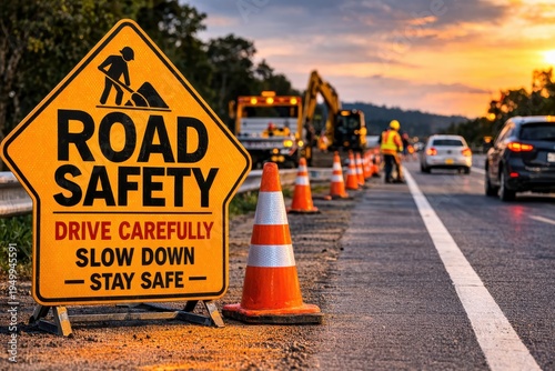 Road Safety sign warns of road work ahead