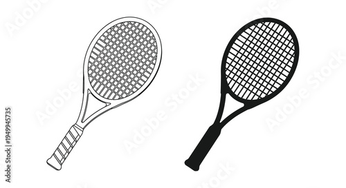 A black and white illustration depicts two tennis rackets one outlined and one filled showcasing the sport s essential equipment high quality