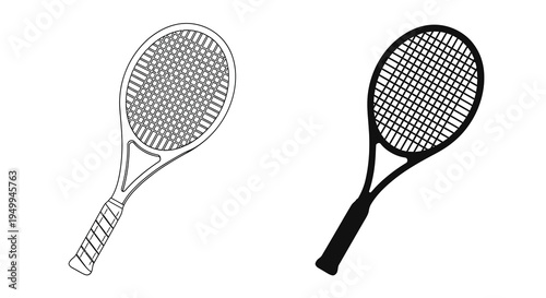 A minimalist illustration depicts two tennis rackets one with a lighter outline and another in bold black showcasing sports equipment