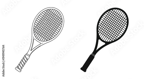 A simple black and white illustration depicts two tennis rackets one light and one dark presented on a white background