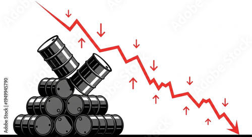 Oil Price Decline - Barrels Stacked with a Falling Red Line.